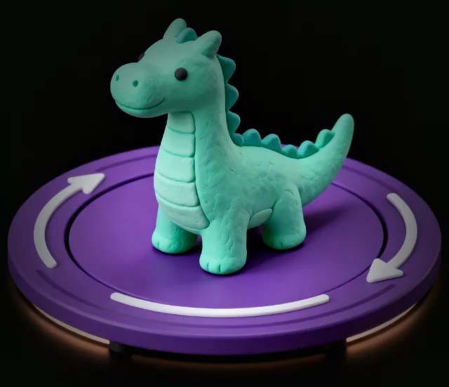 A mint-green toy dragon on a violet turntable with curved rotation arrows circling it